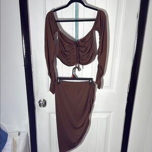 NWT Brown Ruched Two-Piece Skirt Set